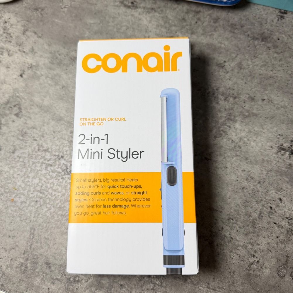 Conair 2-in-1 Mini Styler Light Blue Travel Size Ceramic Flat Iron Hair Tool